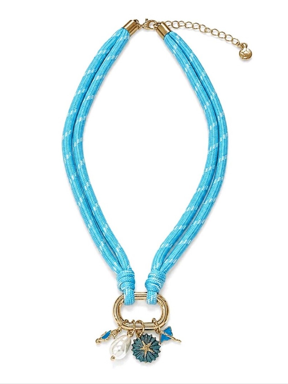 Aqua Braided Sea Charm Necklace Gold Tone Starfish Pearl Coastal Jewelry